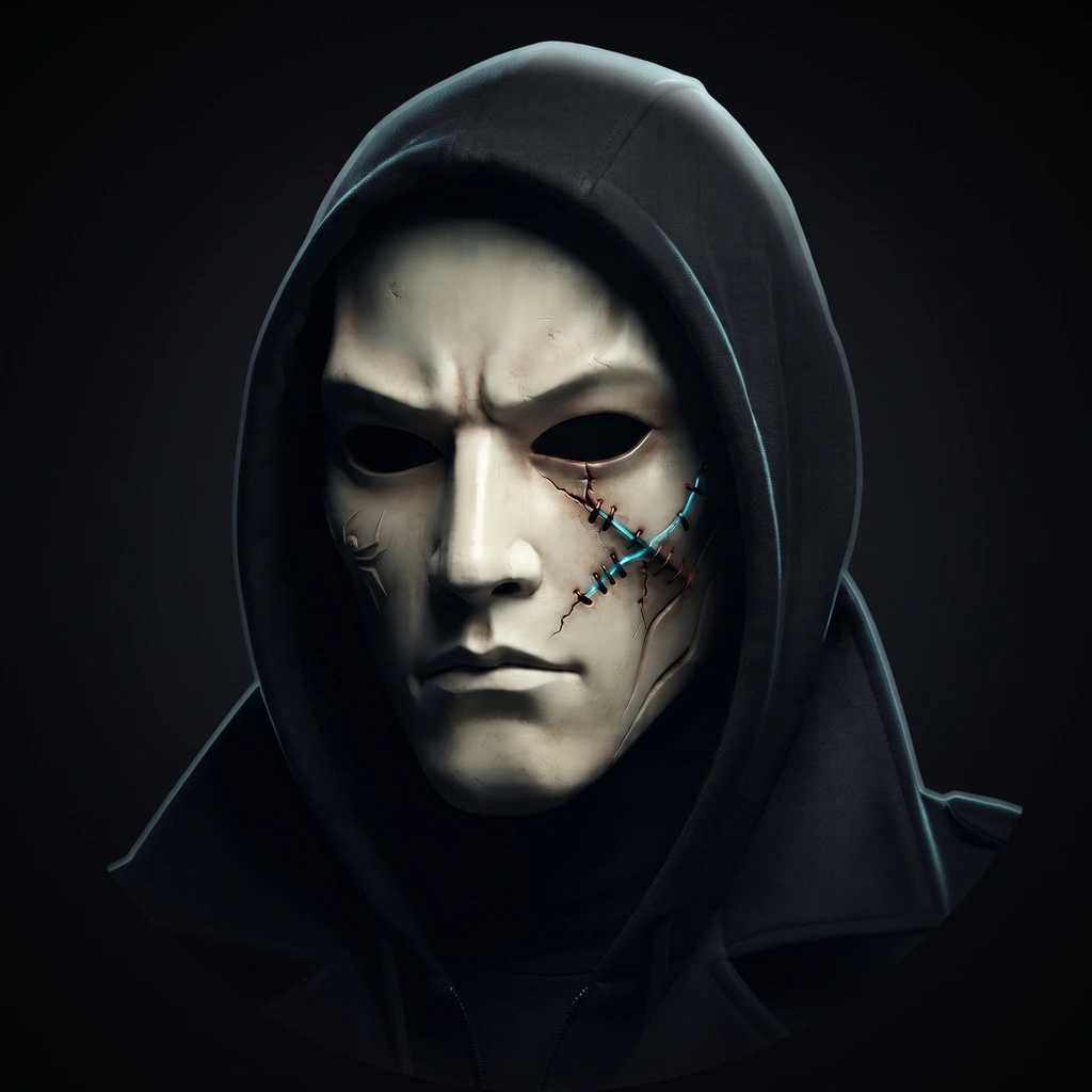 Phantom187: an ivory mask beneath a dark hood, repaired with copper and cyan stitching.