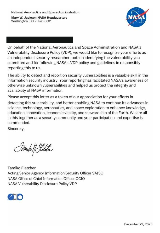 NASA recognition letter dated 29 December 2025, acknowledging independent research and responsible reporting. A dark bar replaces the recipient line.